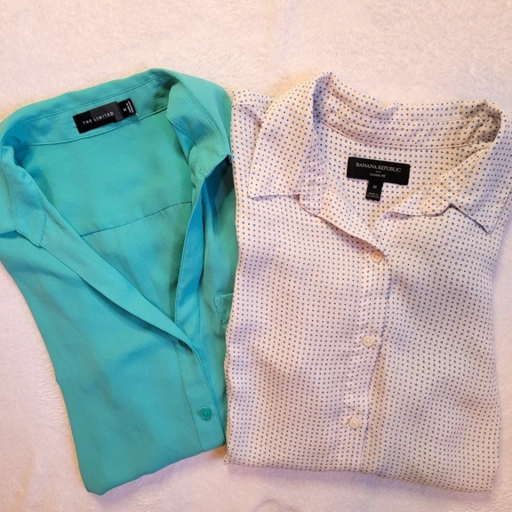 Pair Of Silky Button Down Blouses Banana Republic The Limited Teal Navy Dot M